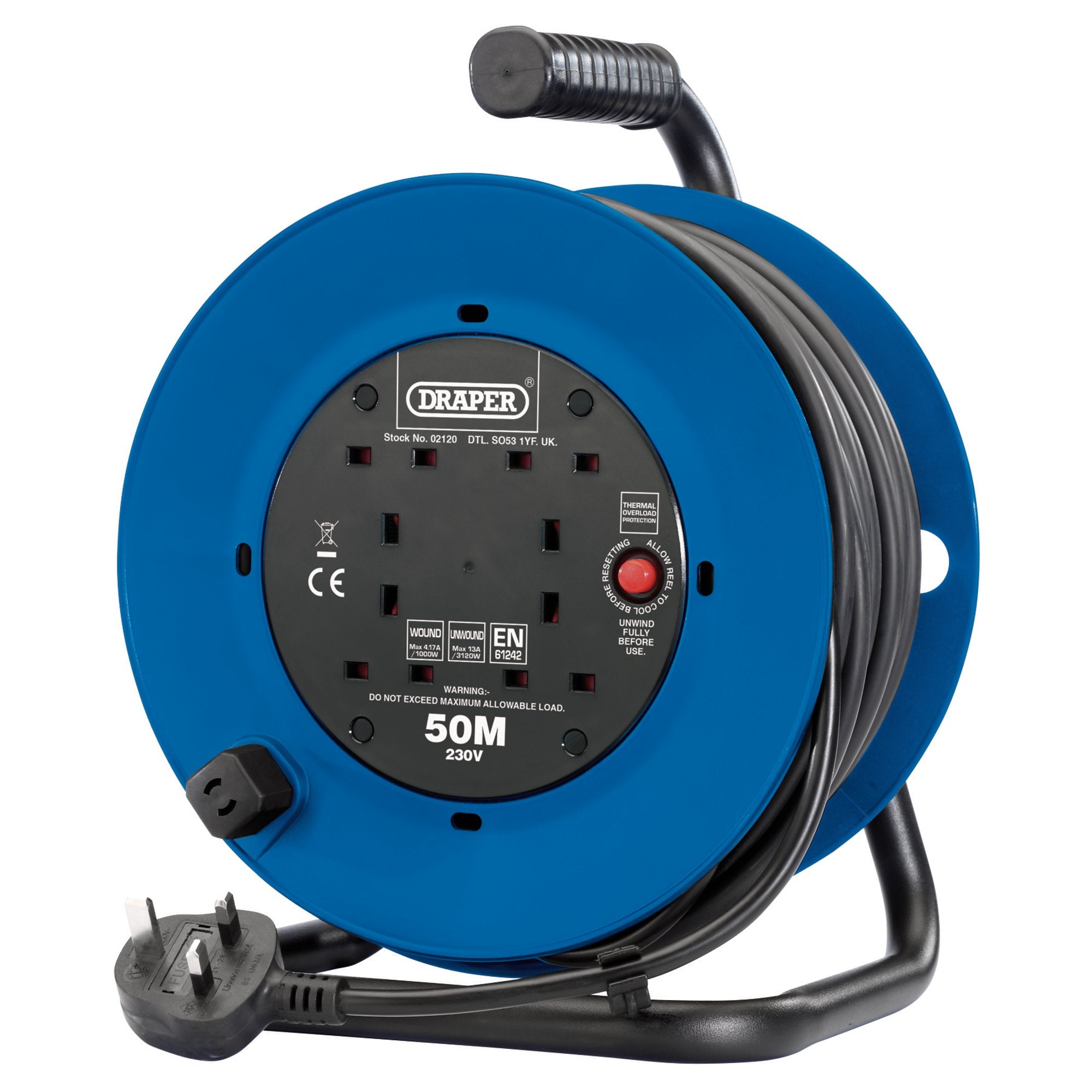 230V-Four-Socket-Industrial-Cable-Reel,-50m