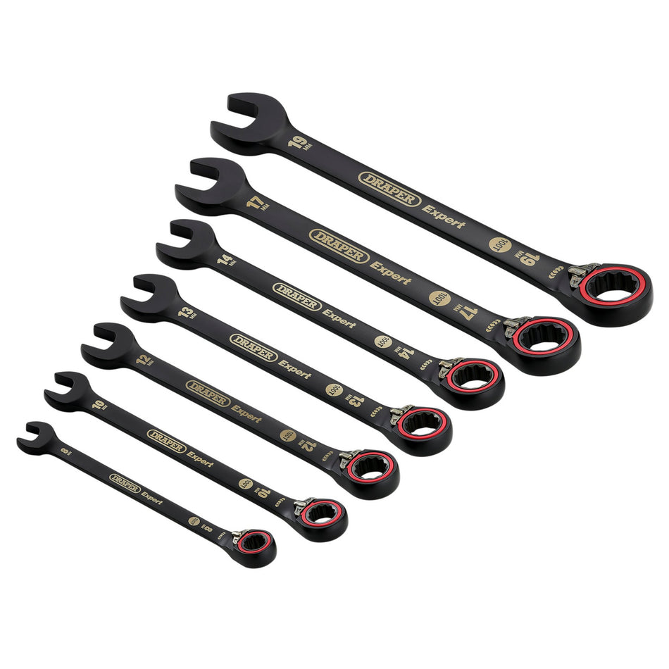 Draper-Expert-HI-TORQ®-Metric-Reversible-Ratchet-Combination-Spanner-Set,-Black-(7-Piece)