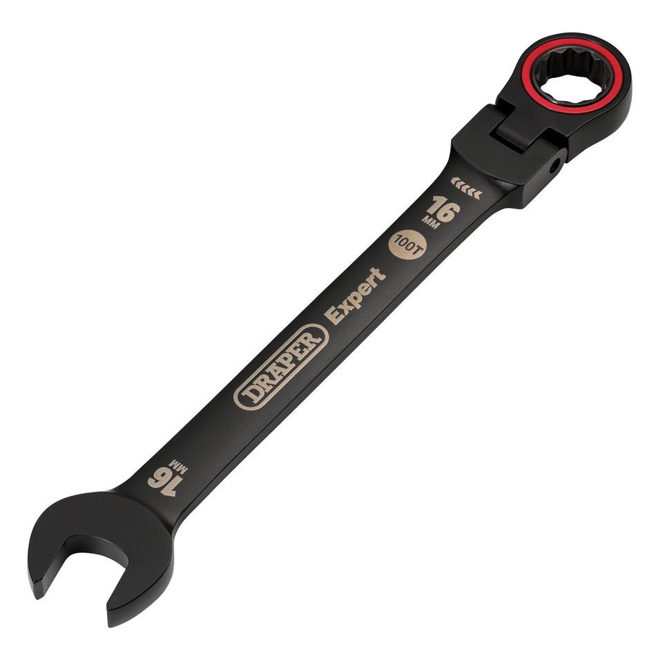Draper-Expert-HI-TORQ®-Metric-Flexible-Head-Ratchet-Combination-Spanner,-16mm,-Black