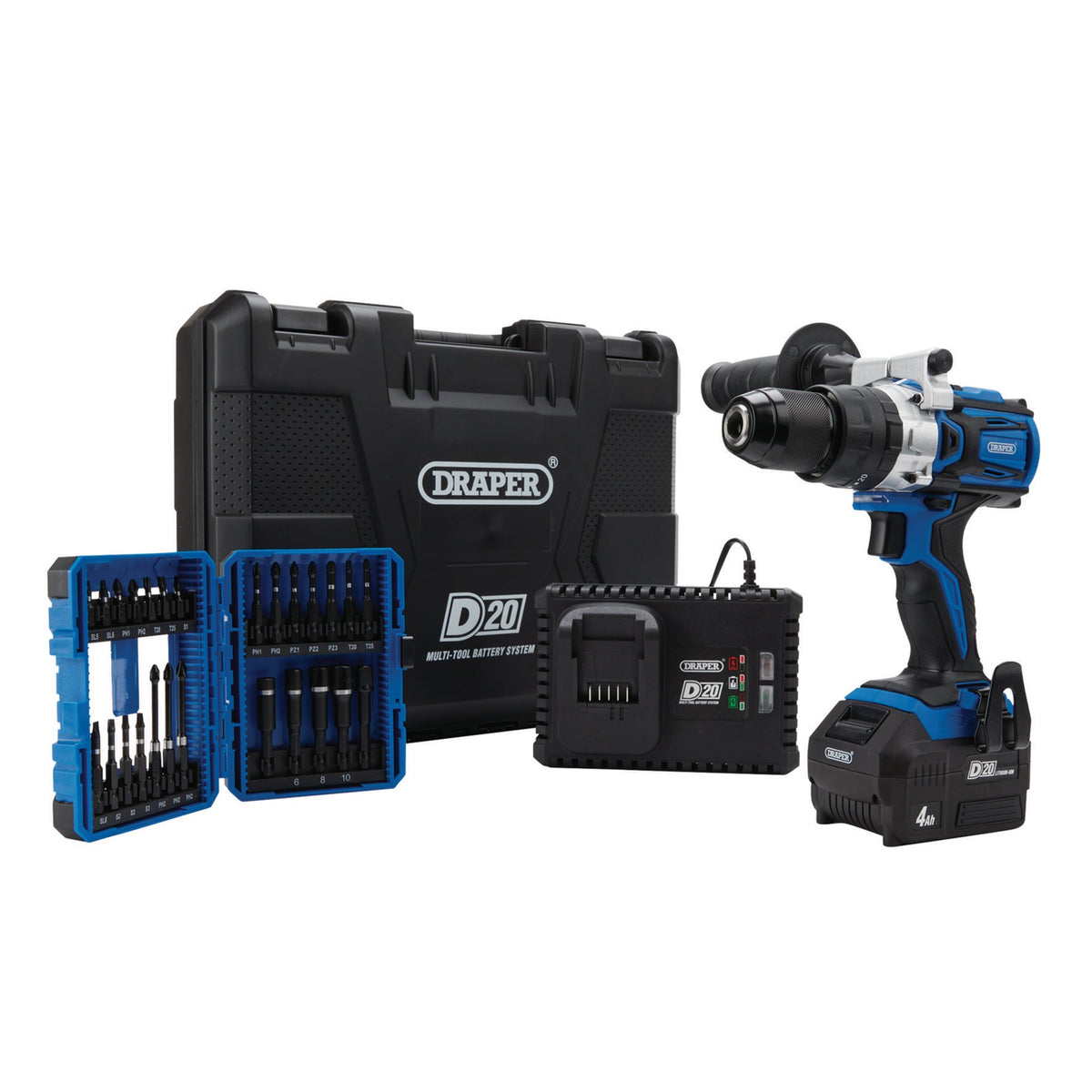 D20-20V-Brushless-Combi-Drill-Kit-&-Draper-Expert-Impact-Screwdriver-Bit-Set-(26-Piece)