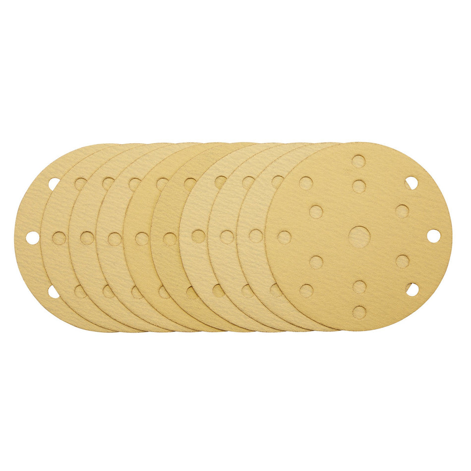 Gold-Sanding-Discs-with-Hook-&-Loop,-150mm,-120-Grit,-15-Dust-Extraction-Holes-(Pack-of-10)