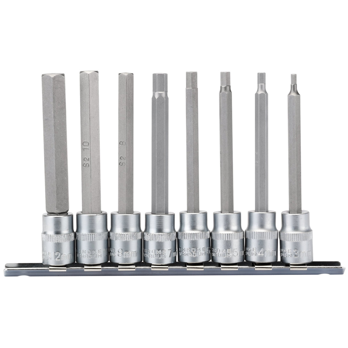 Long-Metric-Hex.-Socket-Bit-Set,-3/8"-Sq.-Dr.,-100mm-(8-Piece)