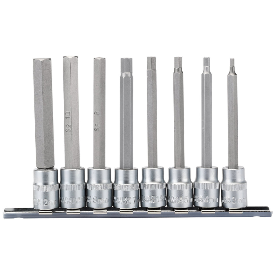 Long-Metric-Hex.-Socket-Bit-Set,-3/8"-Sq.-Dr.,-100mm-(8-Piece)