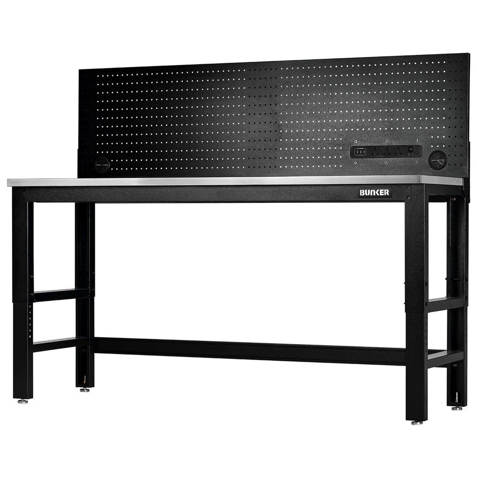 BUNKER®-Workbench-with-Stainless-Steel-Worktop-and-Power-Pegboard,-1830mm