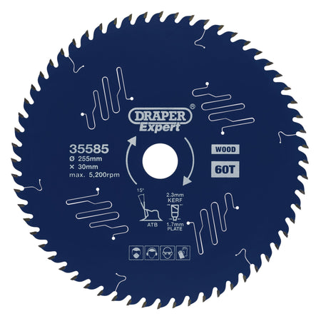 Draper-Expert-TCT-Circular-Saw-Blade-for-Wood-with-PTFE-Coating,-255-x-30mm,-60T