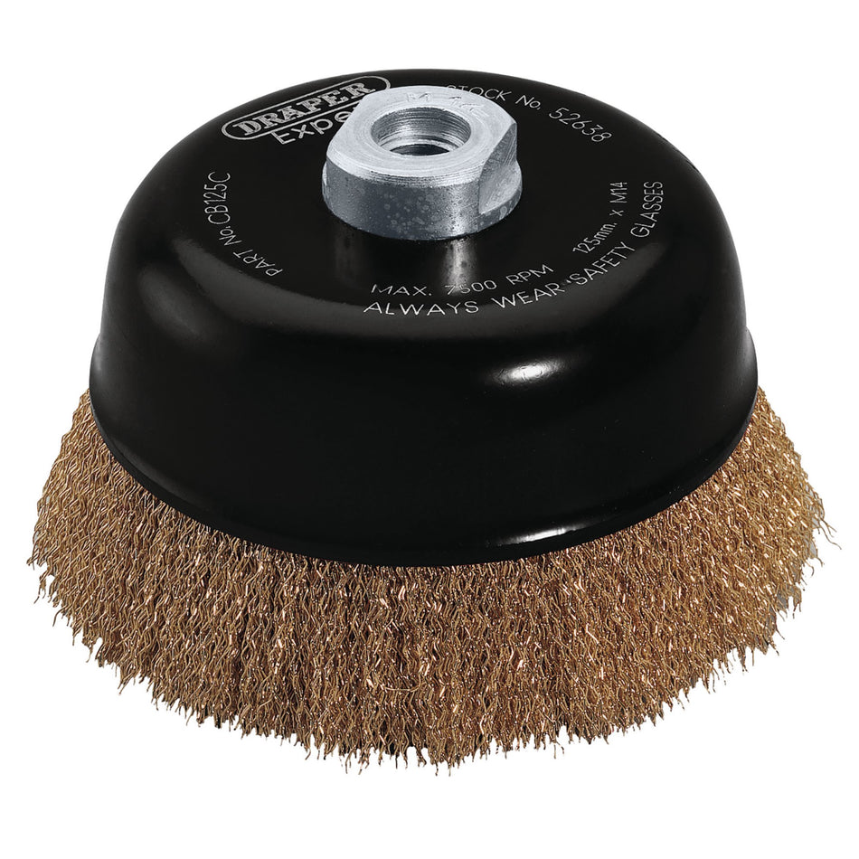 Draper-Expert-Brassed-Steel-Crimped-Wire-Cup-Brush,-125mm,-M14