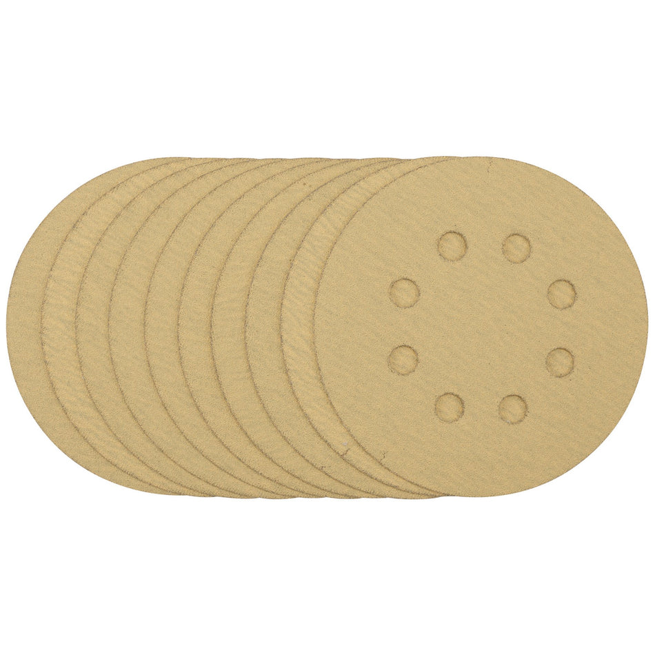 Gold-Sanding-Discs-with-Hook-&-Loop,-125mm,-120-Grit,-8-Dust-Extraction-Holes-(Pack-of-10)