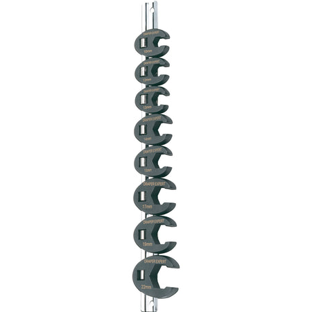 Metric-Crow-Foot-Spanner-Set-on-a-Metal-Rail,-3/8"-Sq.-Dr.-(8-Piece)