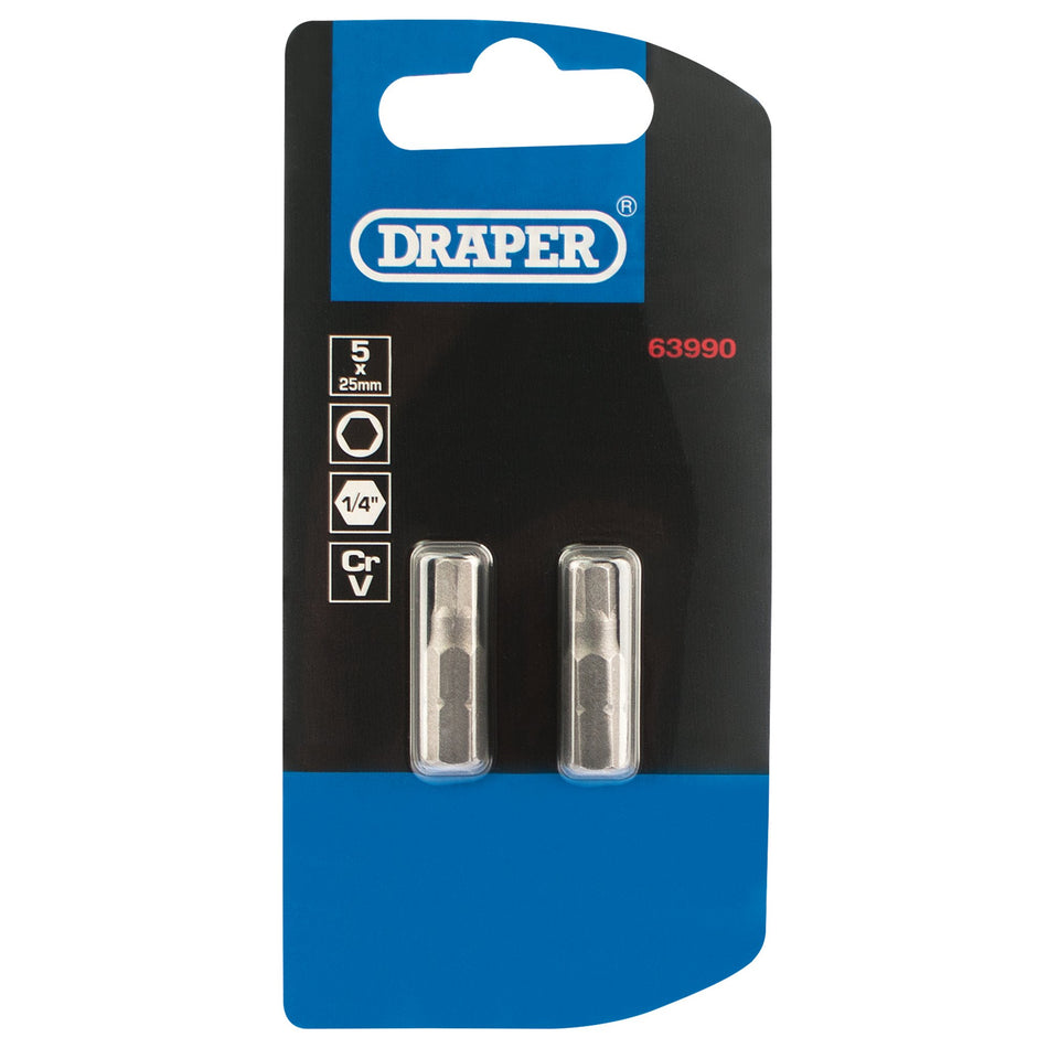 Hexagonal-Insert-Bit,-5mm,-1/4"-Hex,-25mm-Long-(Pack-of-2)