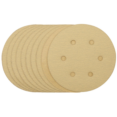 Gold-Sanding-Discs-with-Hook-&-Loop,-150mm,-120-Grit,-6-Dust-Extraction-Holes-(Pack-of-10)-(Pack-of-10)