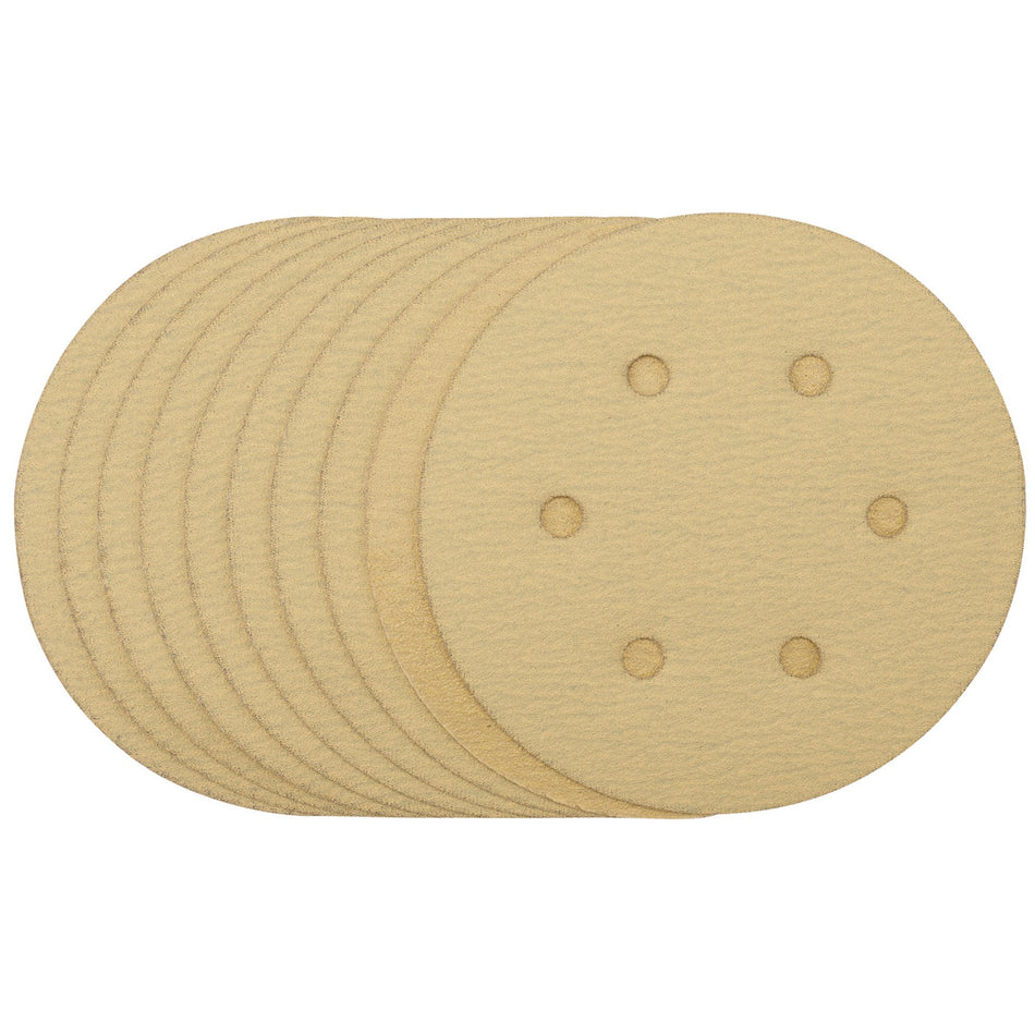 Gold-Sanding-Discs-with-Hook-&-Loop,-150mm,-120-Grit,-6-Dust-Extraction-Holes-(Pack-of-10)-(Pack-of-10)