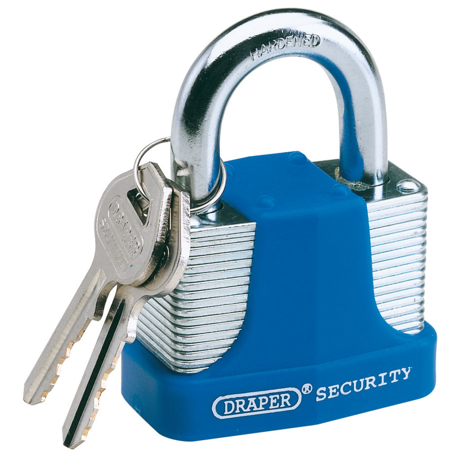 Laminated-Steel-Padlock-and-2-Keys-with-Hardened-Steel-Shackle-and-Bumper,-30mm