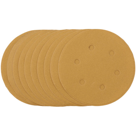 Gold-Sanding-Discs-with-Hook-&-Loop,-150mm,-240-Grit,-6-Dust-Extraction-Holes-(Pack-of-10)
