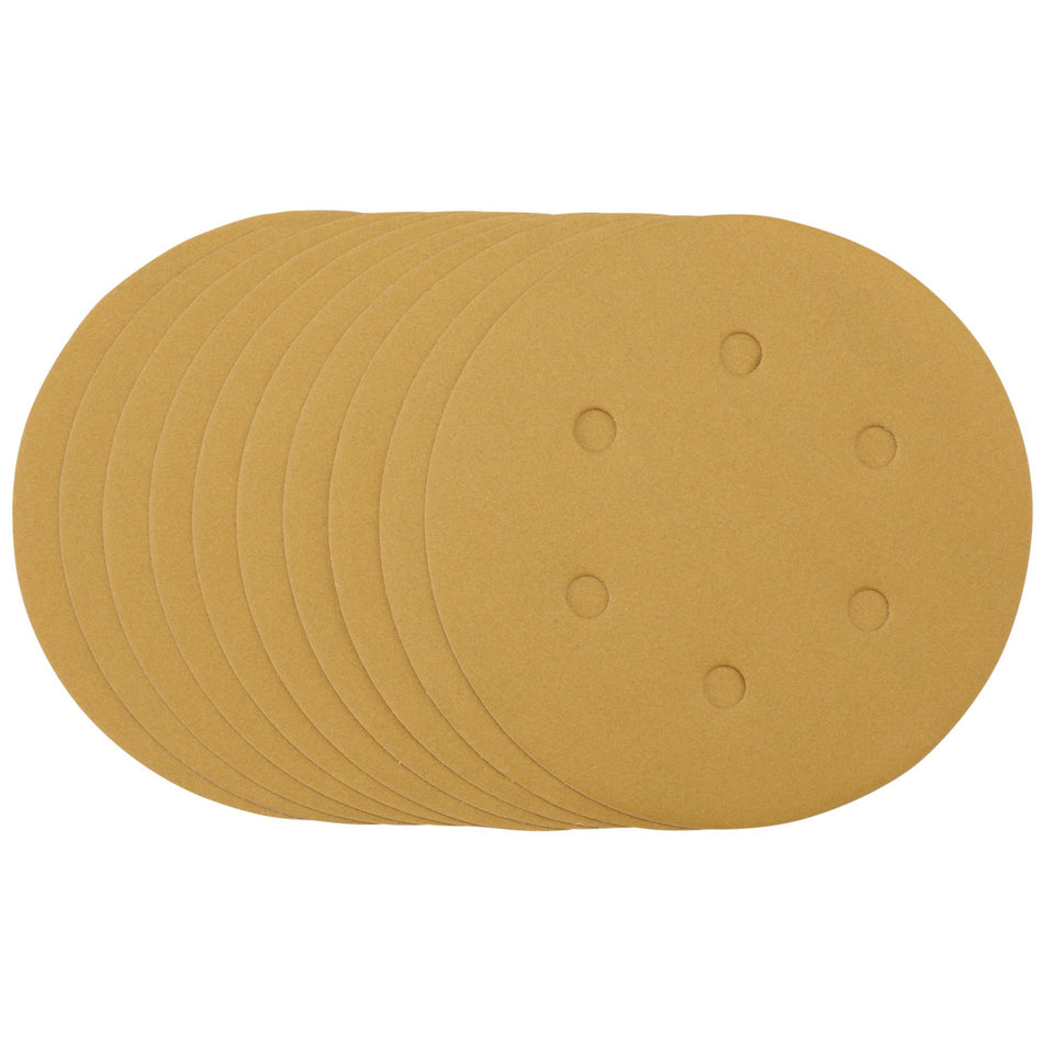 Gold-Sanding-Discs-with-Hook-&-Loop,-150mm,-320-Grit,-6-Dust-Extraction-Holes-(Pack-of-10)