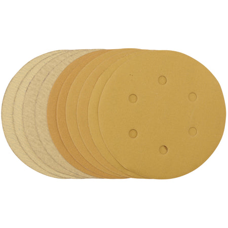 Gold-Sanding-Discs-with-Hook-&-Loop,-150mm,-Assorted-Grit---120G,-180G,-240G,-320G,-400G,-6-Dust-Extraction-Holes-(Pack-of-10)