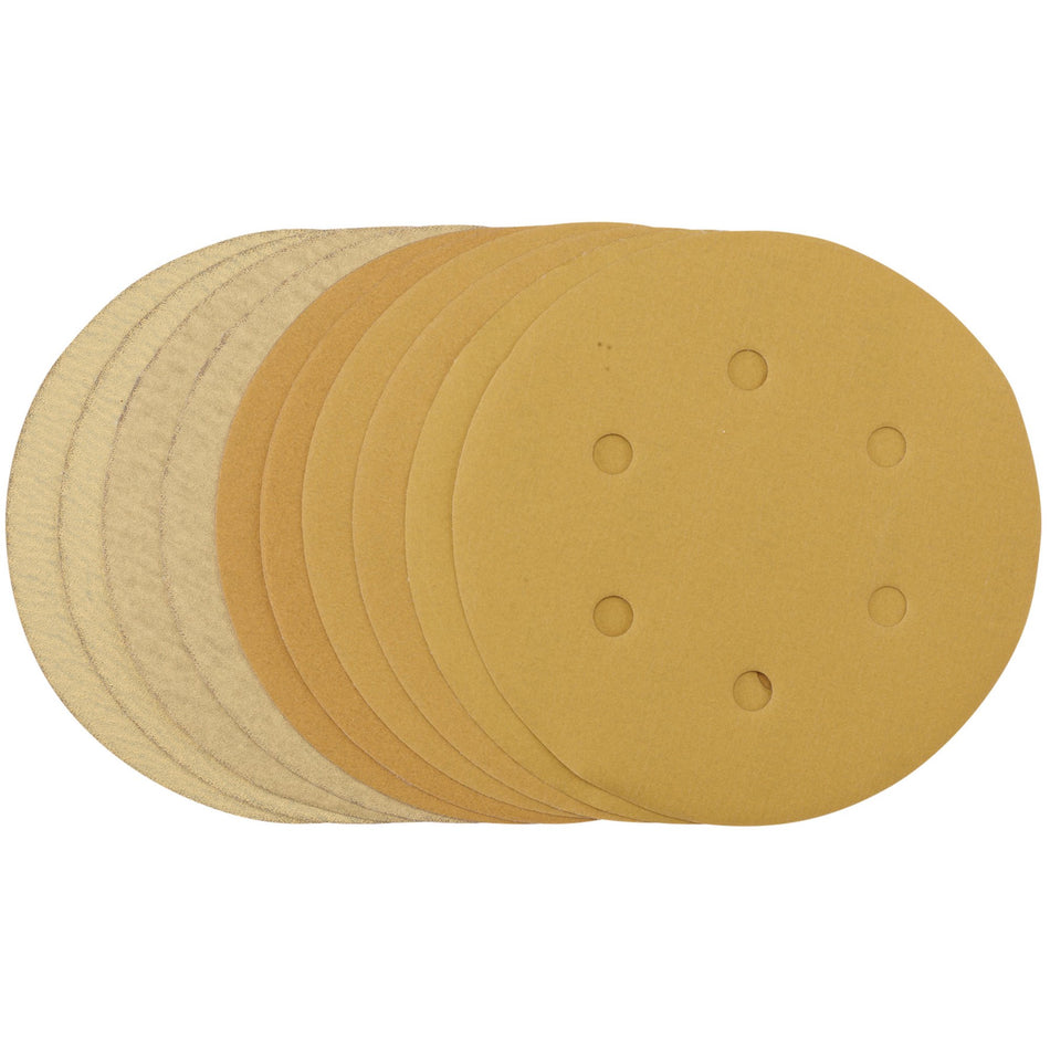 Gold-Sanding-Discs-with-Hook-&-Loop,-150mm,-Assorted-Grit---120G,-180G,-240G,-320G,-400G,-6-Dust-Extraction-Holes-(Pack-of-10)