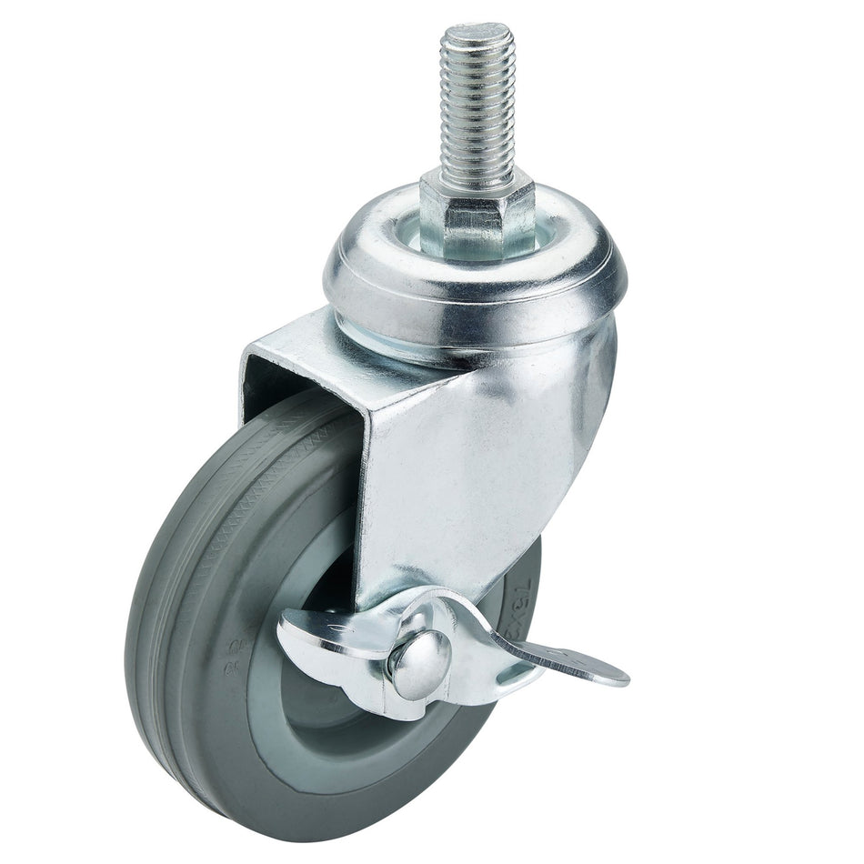 Swivel-Bolt-Fixing-Rubber-Castor-with-Brake,-75mm-Diameter,-S.W.L.-70kg