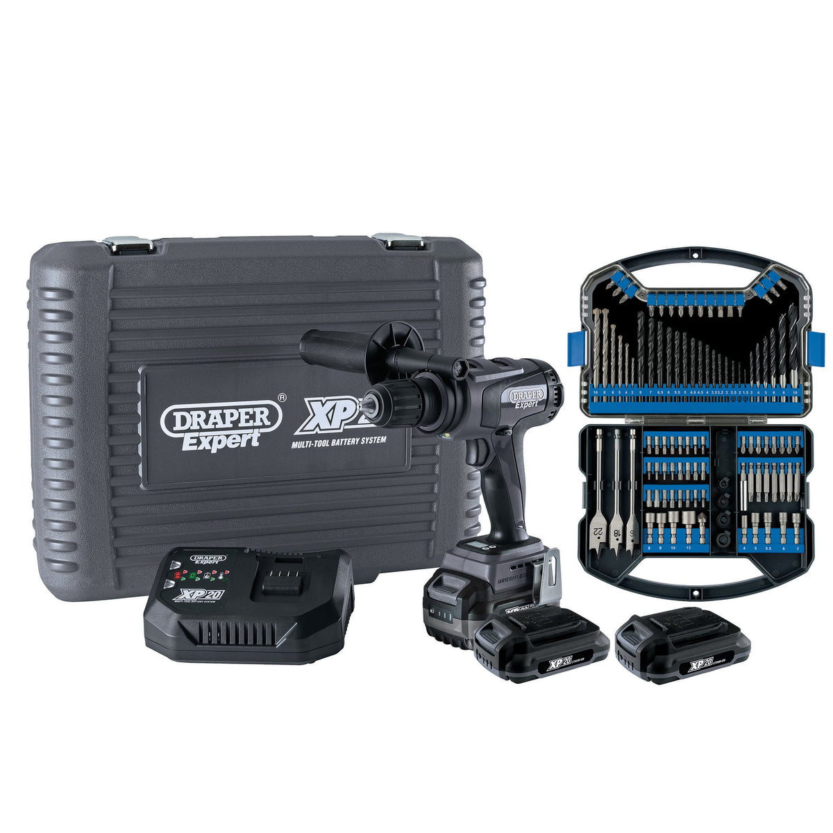 XP20-Brushless-Combi-Drill-135Nm-+-3x-2Ah-Batteries-and-Fast-Charger-+-Drill-Bit-Accessory-Kit-(101-Piece)
