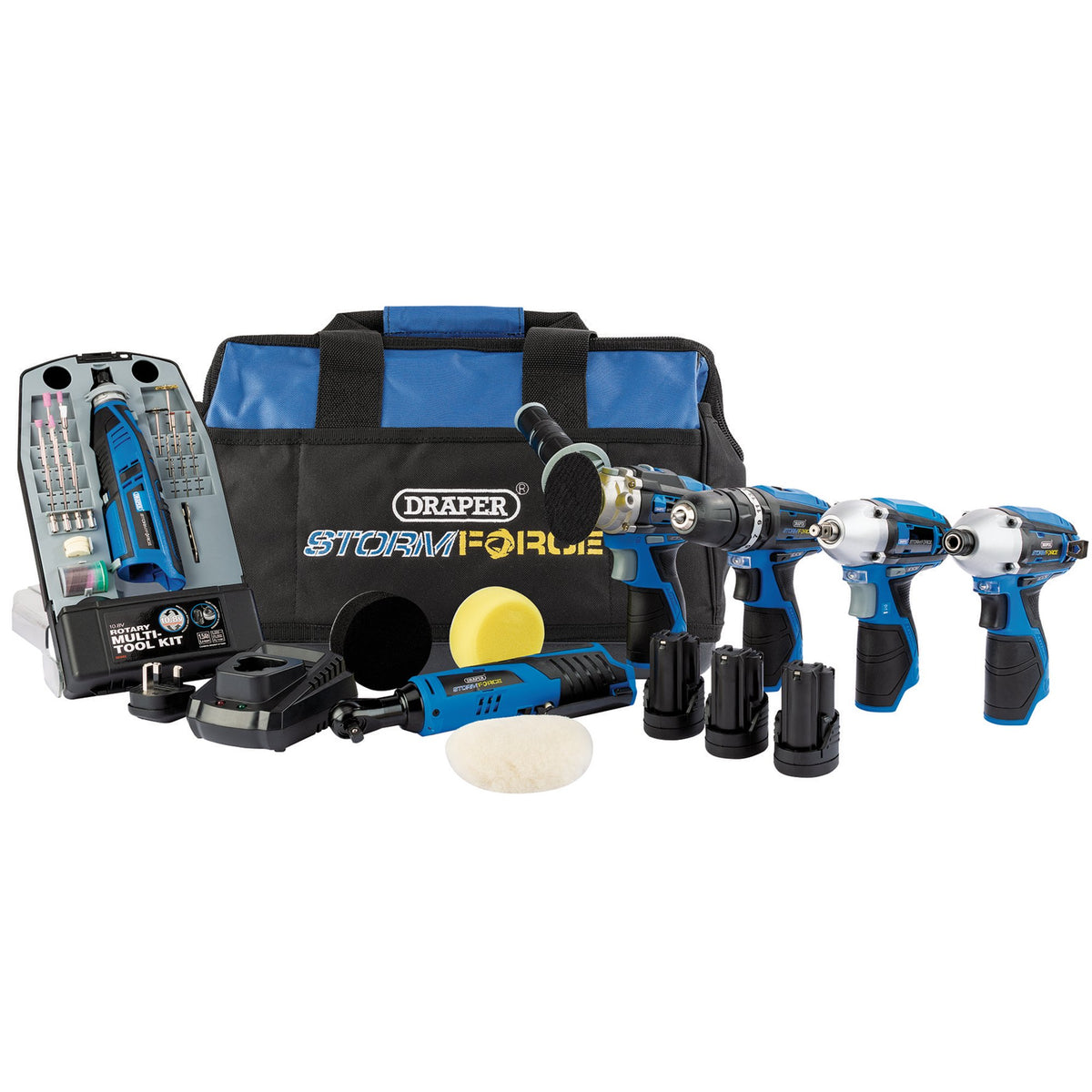 Draper-Storm-Force®-12V-Multi-Power-Interchange-Kit,-3-x-1.5Ah-Li-ion-Batteries,-2-x-Fast-Chargers-and-1-x-Tool-Bag