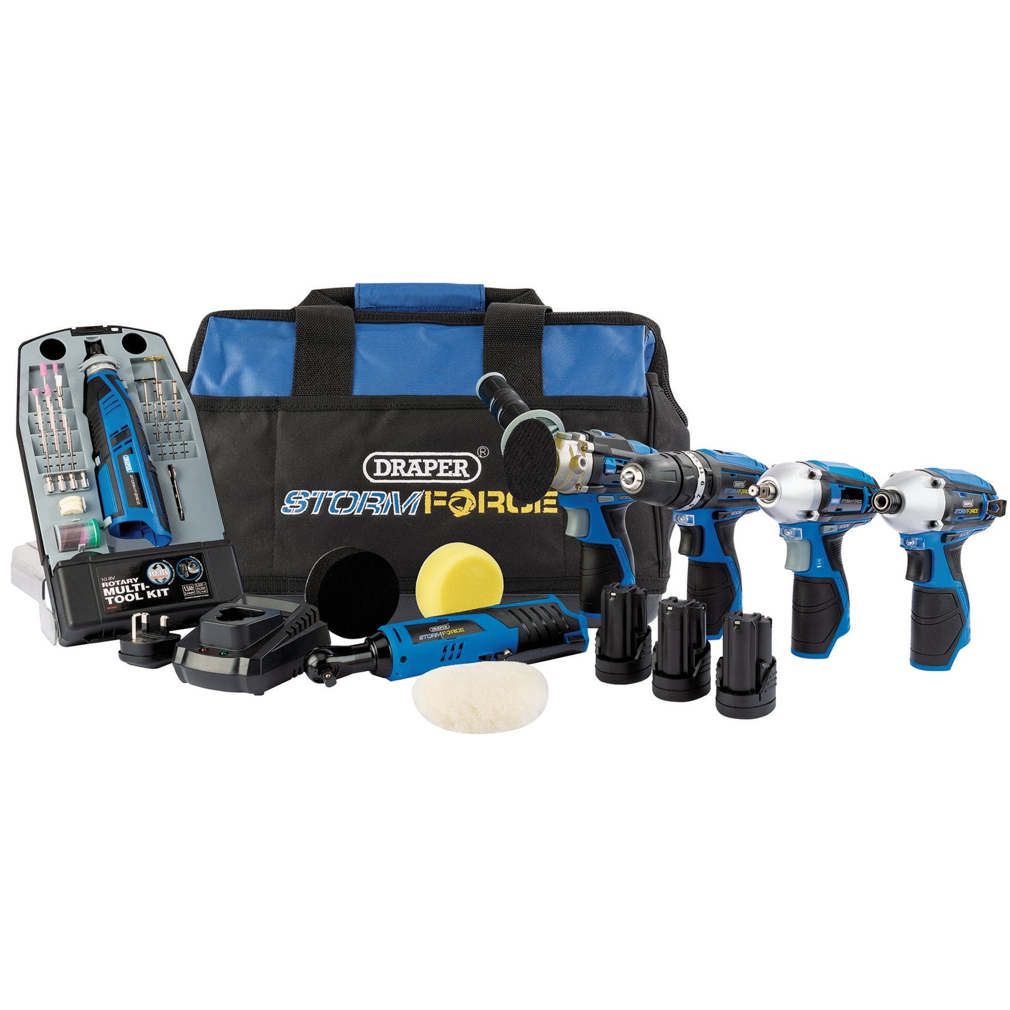 Draper-Storm-Force®-12V-Multi-Power-Interchange-Kit,-3-x-1.5Ah-Li-ion-Batteries,-2-x-Fast-Chargers-and-1-x-Tool-Bag