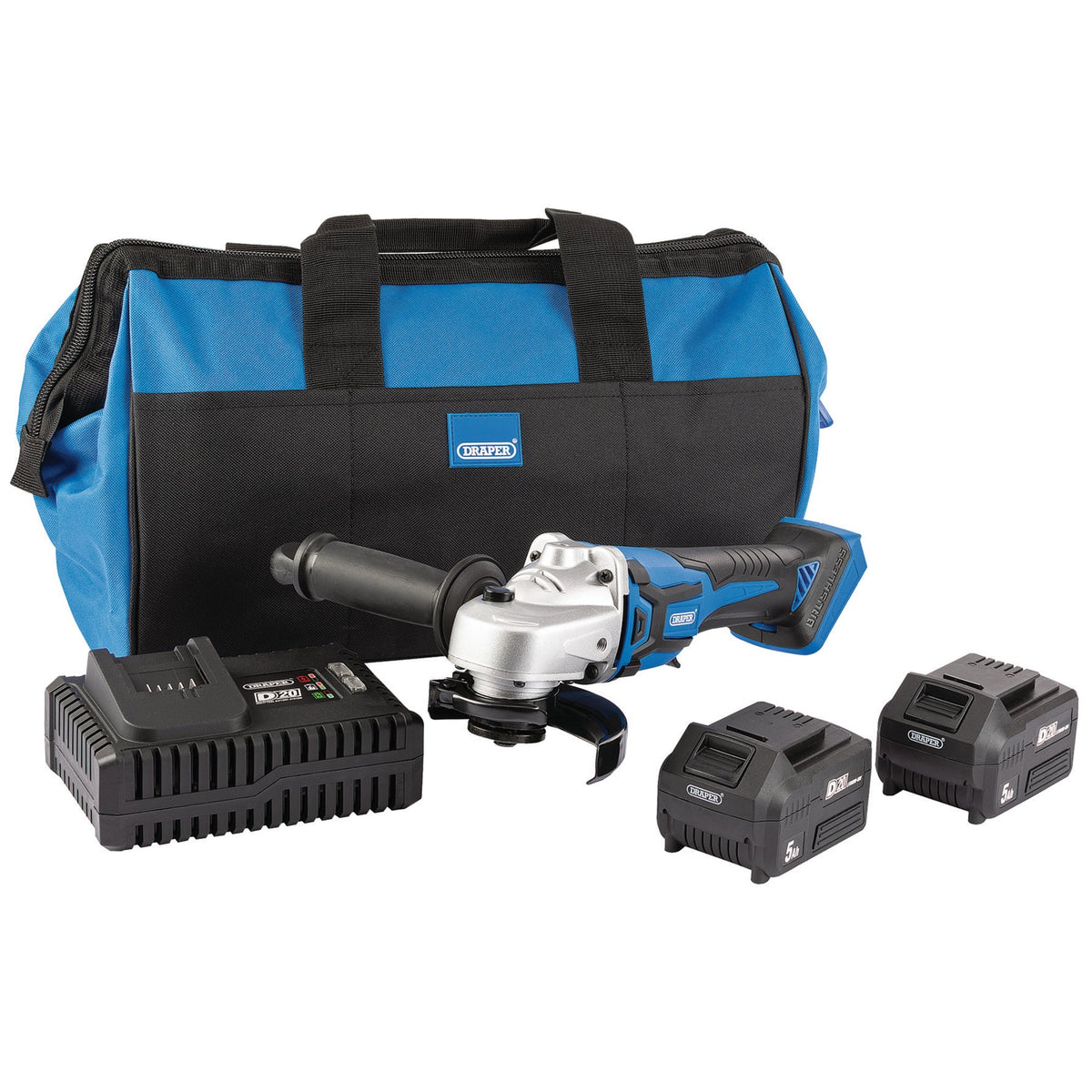 D20-20V-Brushless-Angle-Grinder,-115mm,-2-x-5.0Ah-Batteries,-1-x-Fast-Charger,-1-x-Bag