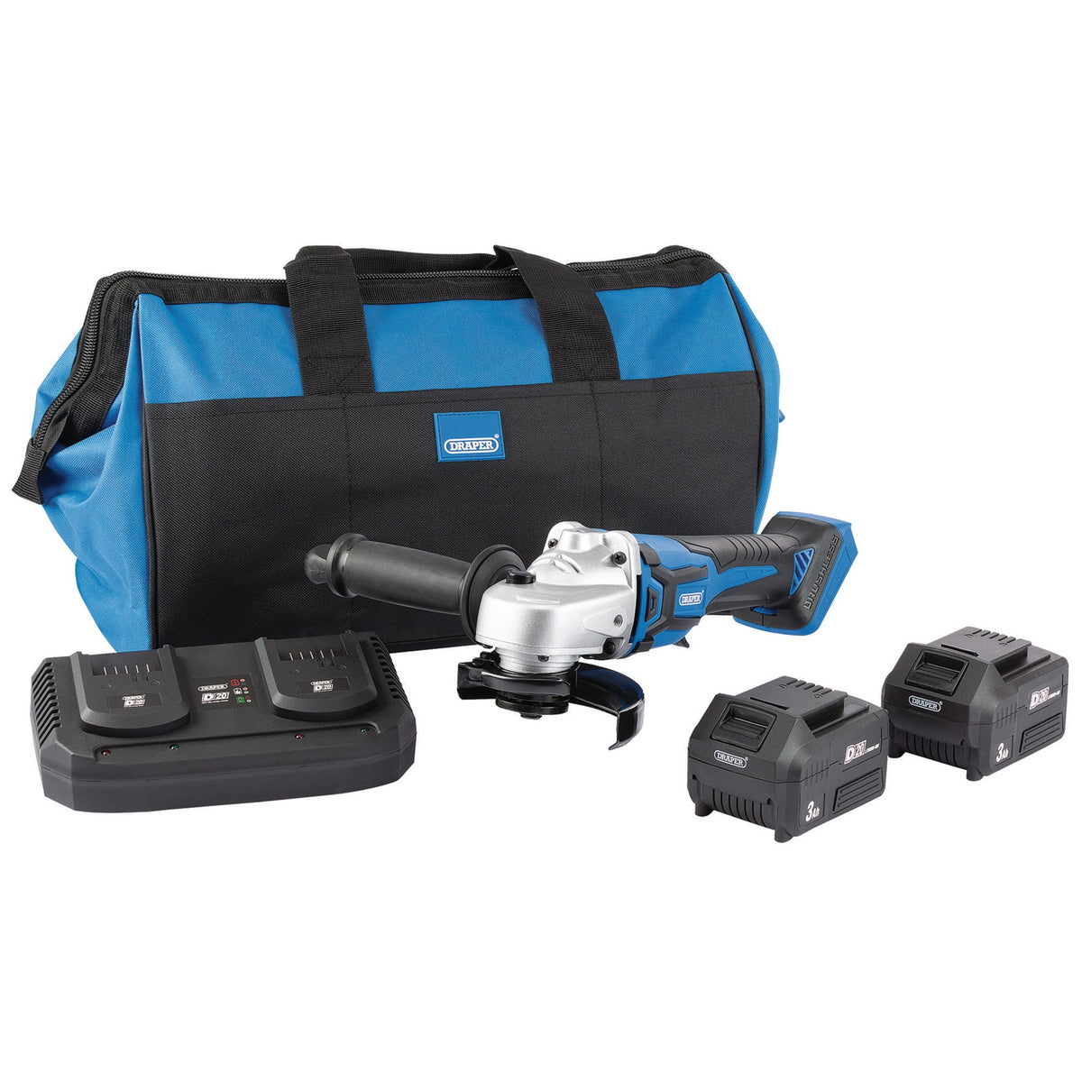 D20-20V-Brushless-Grinder,-115mm,-2-x-3.0Ah-Batteries,-1-x-Twin-Charger,-1-x-Bag